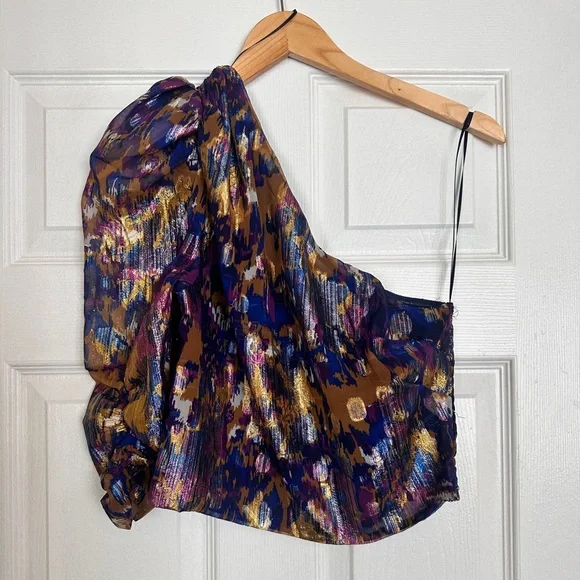 Mango One-Shoulder Fitted Blue, Purple and Gold Party Blouse - Picture 3 of 11